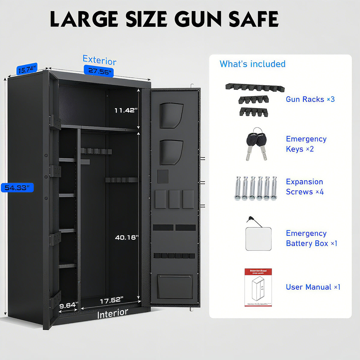 HK-AKG3-138W Pacriond 30-40 Shotgun Safe with Biometric Lock and Dual Alarm System, Large Gun Cabinet with Adjustable Shelves for Home Pistols, Unassembled