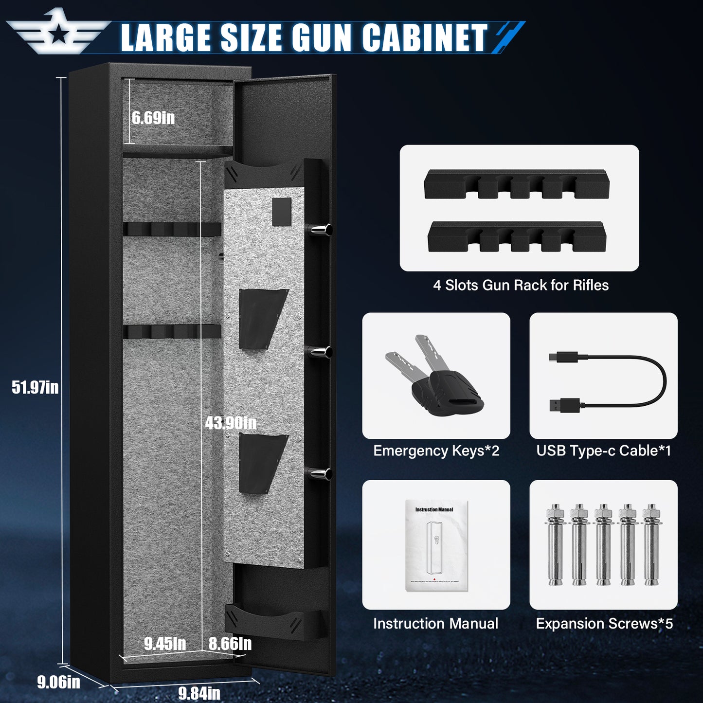 BM-GKM-132D  2-3 Gun Safe, Quick Access Long Gun Safe for Shotguns, Large Gun Safe for Home Pistols, Gun Safe with LED Light