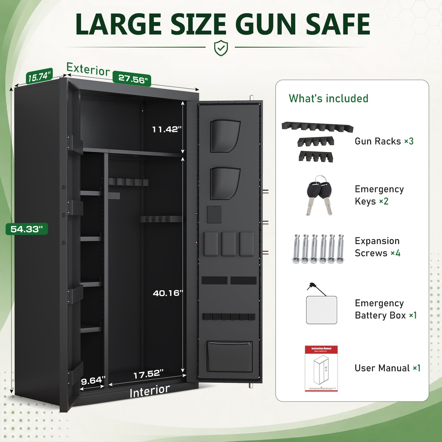 HK-AKG3-138EW 30-40 Gun Safe with Adjustable Shelves & Dual System Alarm, Large Unassembled Fingerprint Lock Gun Cabinet with LCD Keypad & Graphic for Home Office