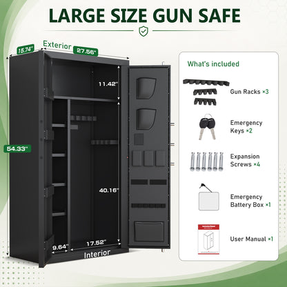 HK-AKG3-138EW 30-40 Gun Safe with Adjustable Shelves & Dual System Alarm, Large Unassembled Fingerprint Lock Gun Cabinet with LCD Keypad & Graphic for Home Office