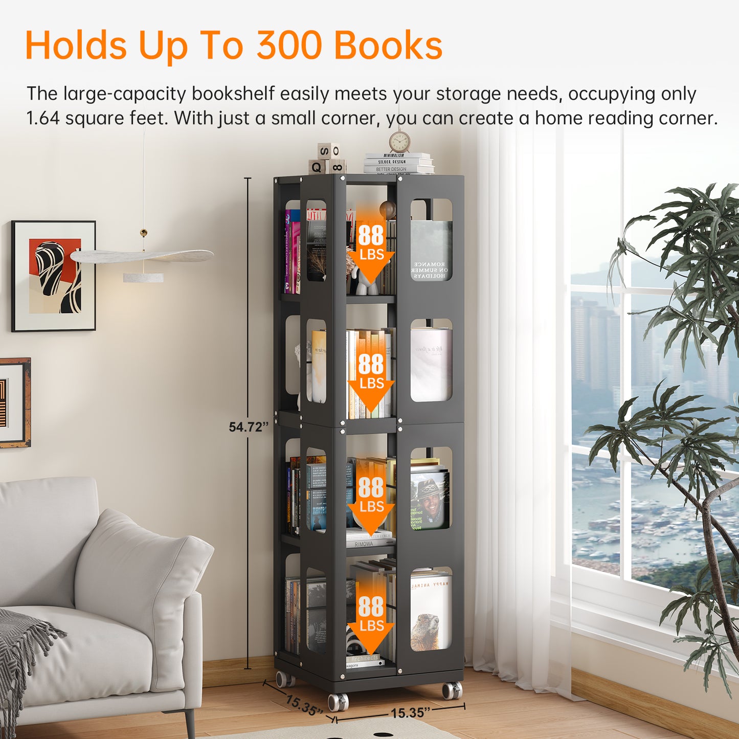 Silkight Book Shelf, 4 Tier All-Steel Rotating Bookshelf with 360° Wheels, Large Size Shelves Corner Book Shelf for Kids Rooms,Easy Assembly