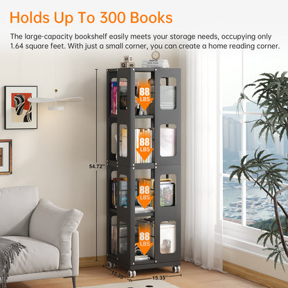 Silkight Book Shelf, 4 Tier All-Steel Rotating Bookshelf with 360° Wheels, Large Size Shelves Corner Book Shelf for Kids Rooms,Easy Assembly