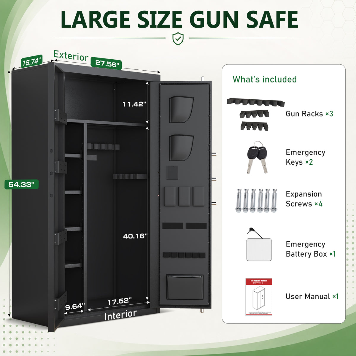 HK-AKG3-138ED 30-40 Gun Safe with Adjustable Shelves & Dual System Alarm, Large Unassembled Digital Lock Gun Cabinet with LCD Keypad & Graphic for Home Office