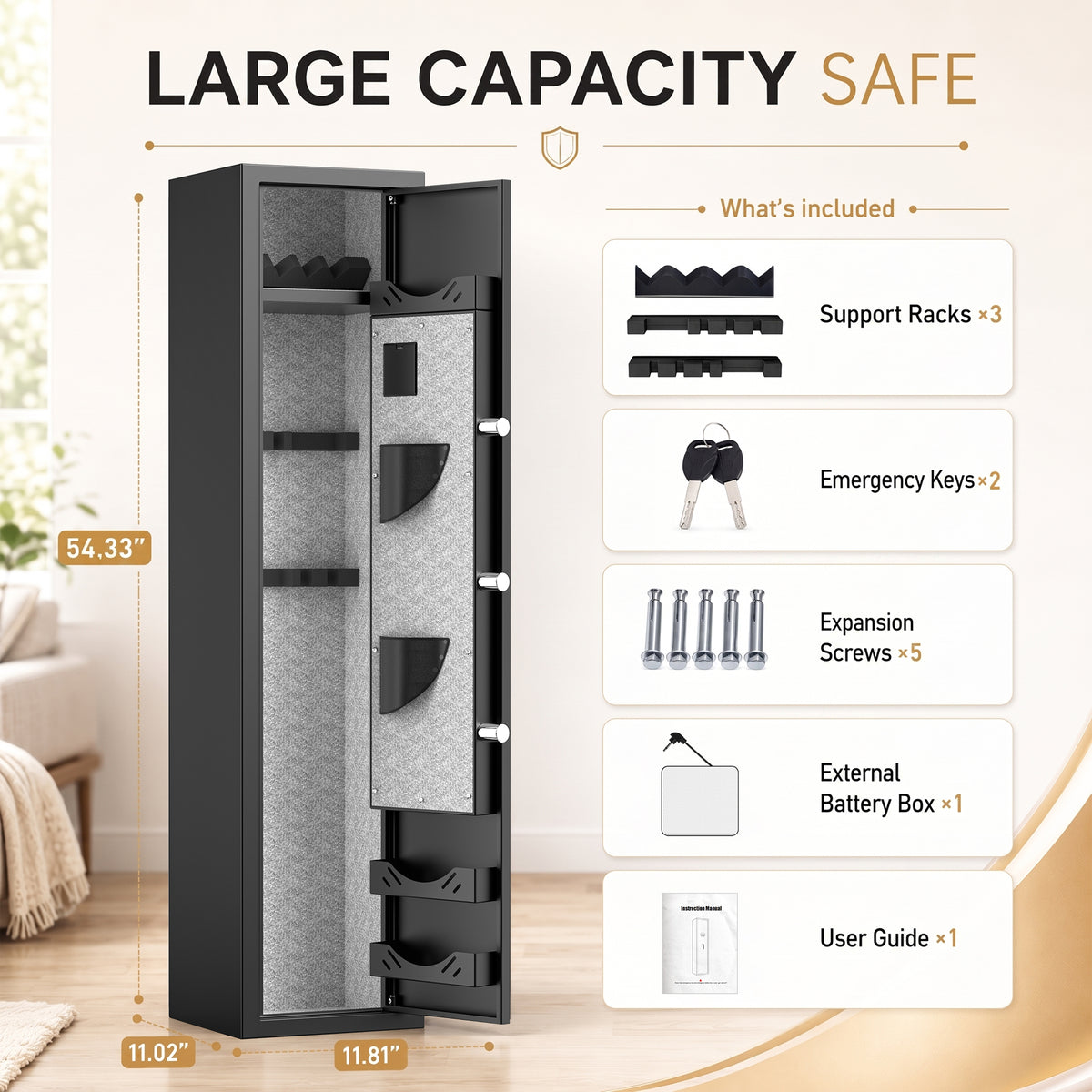 HK G3Q-138D 3-5 Gun Safe, 54'' Digital Gun Safe with Removable Shelf and Backlit Keypad, Quick Access Gun Cabinet with Dual Alarm and Mute Function for Pistols