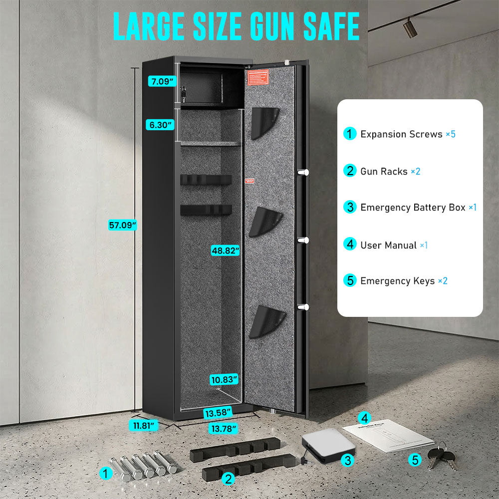 HK-G2Q-145D  5-8 Gun Safe with Digital Lock and Dual Alarm System, 57" Tall Large Cabinet with Inner Box and Removable Gun Slot for Pistols Shotguns