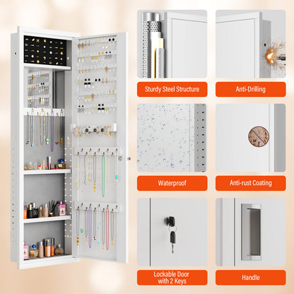 OME KW-120 Mirror Jewelry Cabinet, 47.24" Tall Wall Mounted Jewelry Cabinet with Mirror and Light, Large Jewelry Armoire Organizer, Jewelry Storage with Lock & Adjustable Shelves (White