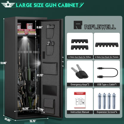6-8 Biometric Gun Safe, Quick Access Unassembled Gun Cabinet with Silent Mode and Dual Alarm System, Gun Safe for Rifles and Pistols, Rifle Safe with Magnetic Gun Slots and Magnetic Induction Light