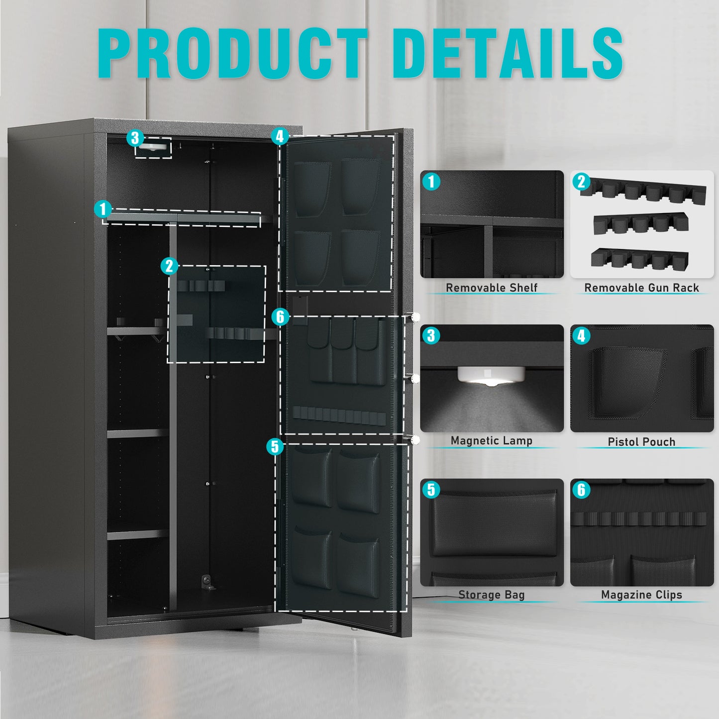 BM-15-20 Gun Safe, Large Gun Safe for Pistols, Unassembled Safe with Adjustable Shelf & Gun Rack, Gun Safe for Home and Shotgun, Quick Access Gun Cabinet with Mute Function & Dual Alarm