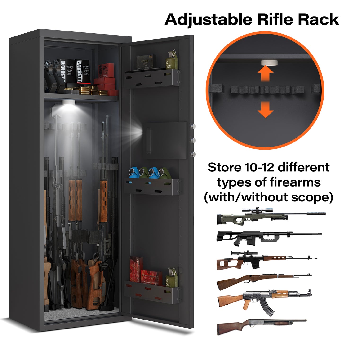 OME-AK1-132D 10-12 Gun Safe，Large Unassembled Gun Safes for Home Guns and Shotgun，Shotgun Safe with Mute Function & Backlit Keypad，Gun Cabinet with Adjustable Ammo Box