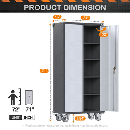 Metal Garage Storage Cabinet on Wheels, Double Handle Lock Steel Storage Cabinet with 2 Doors, 4 Shelves Adjustable Black, Assembly Required