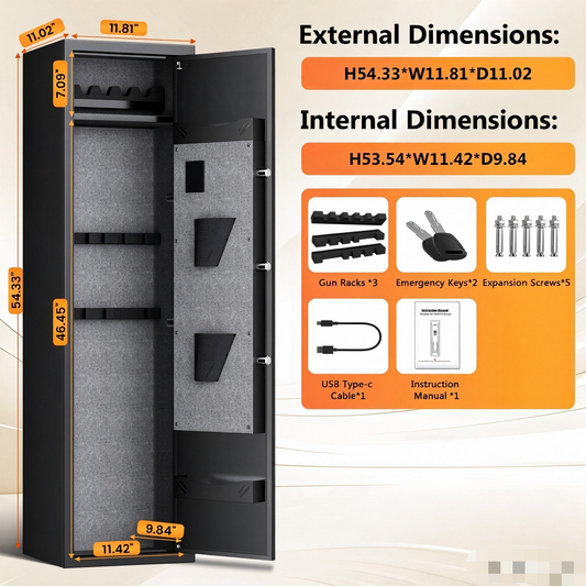KAV-GKM-138W- 5-7 Gun Safe, Biometric Fingerprint Gun Safe for Pistols and Shotguns, Long Gun Cabinet with Adjustable Gun Rack, Removable Shelf and Pistol Bags