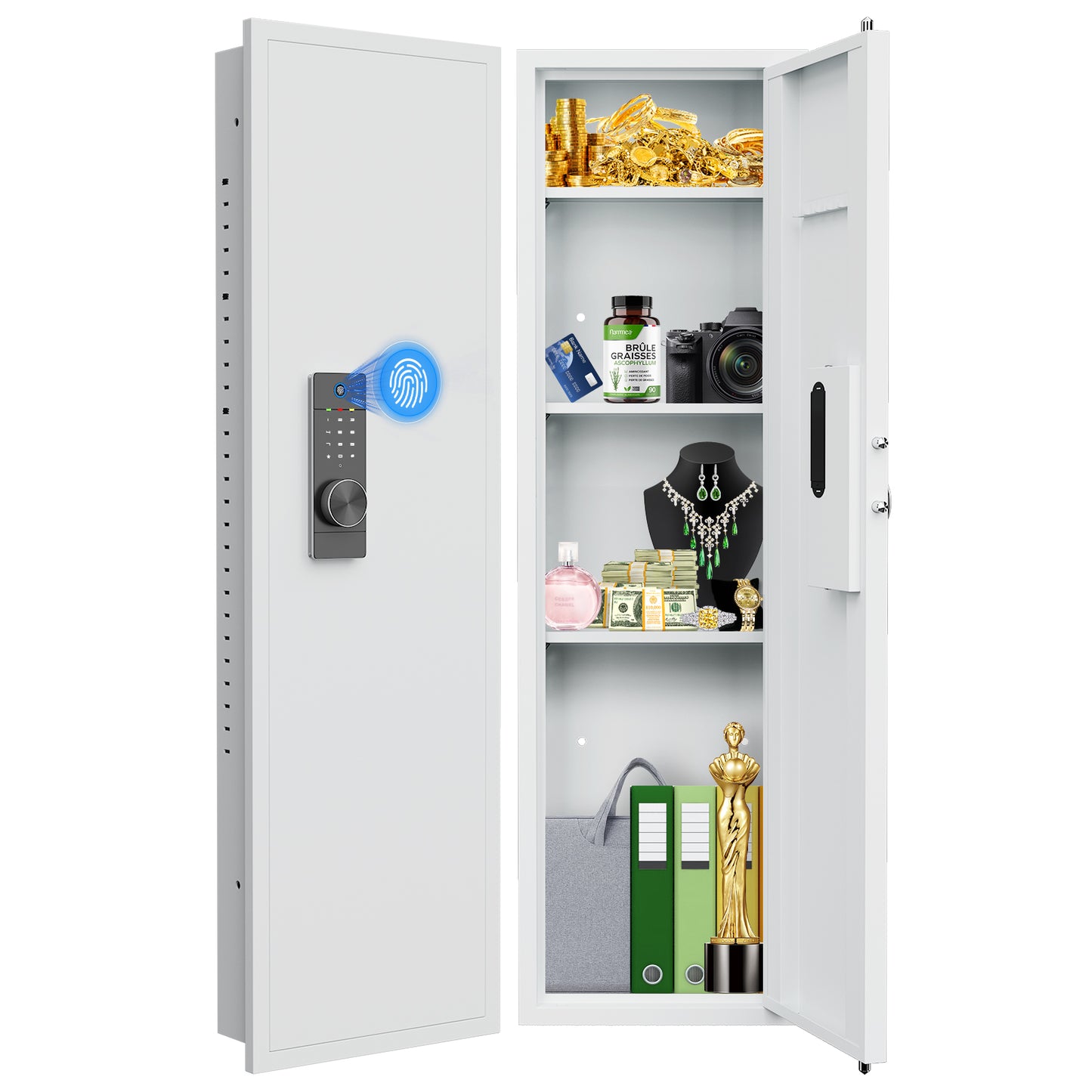 Fingerprint Touch Panel In-Wall Safe,Hidden Wall Gun Safe for Rifles and Pistols with Adjustable Shelves,Assembled Storege Gun Safe for Firearm and Valuables (White-Fingerprint)