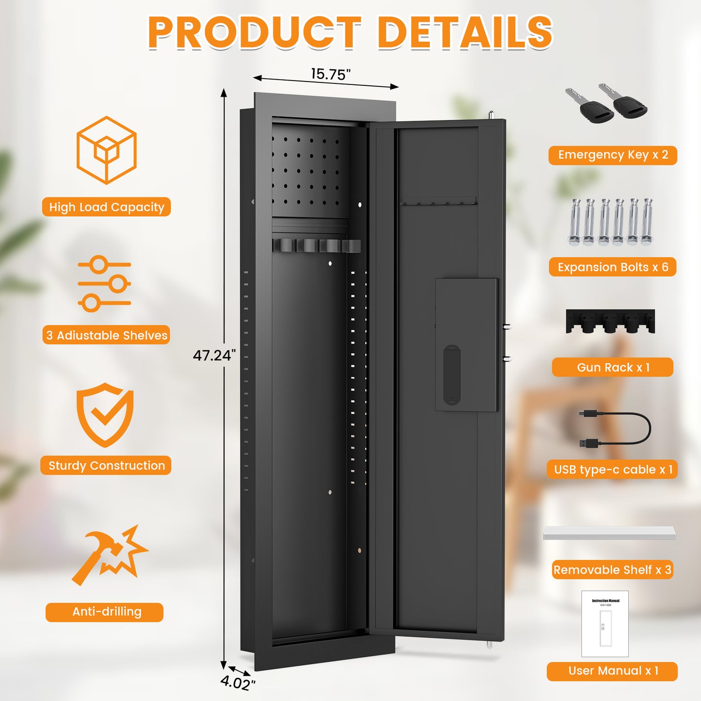 KAV-K2V-120HD Kavey 47.24" Wall Safe, Digital Wall Gun Safe Between the Studs with Dual Alarm ＆ Mute Mode, Hidden Wall Safe with Adjustable Shelve, Magnetic Support & Key Hook（副本）
