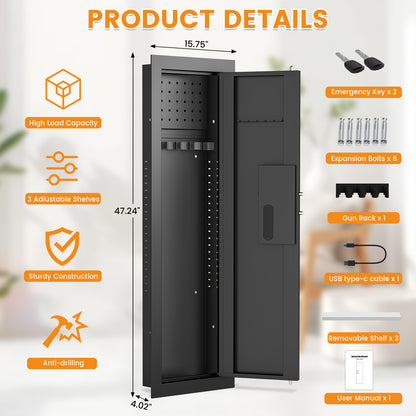 KAV-K2V-120HD Kavey 47.24" Wall Safe, Digital Wall Gun Safe Between the Studs with Dual Alarm ＆ Mute Mode, Hidden Wall Safe with Adjustable Shelve, Magnetic Support & Key Hook（副本）