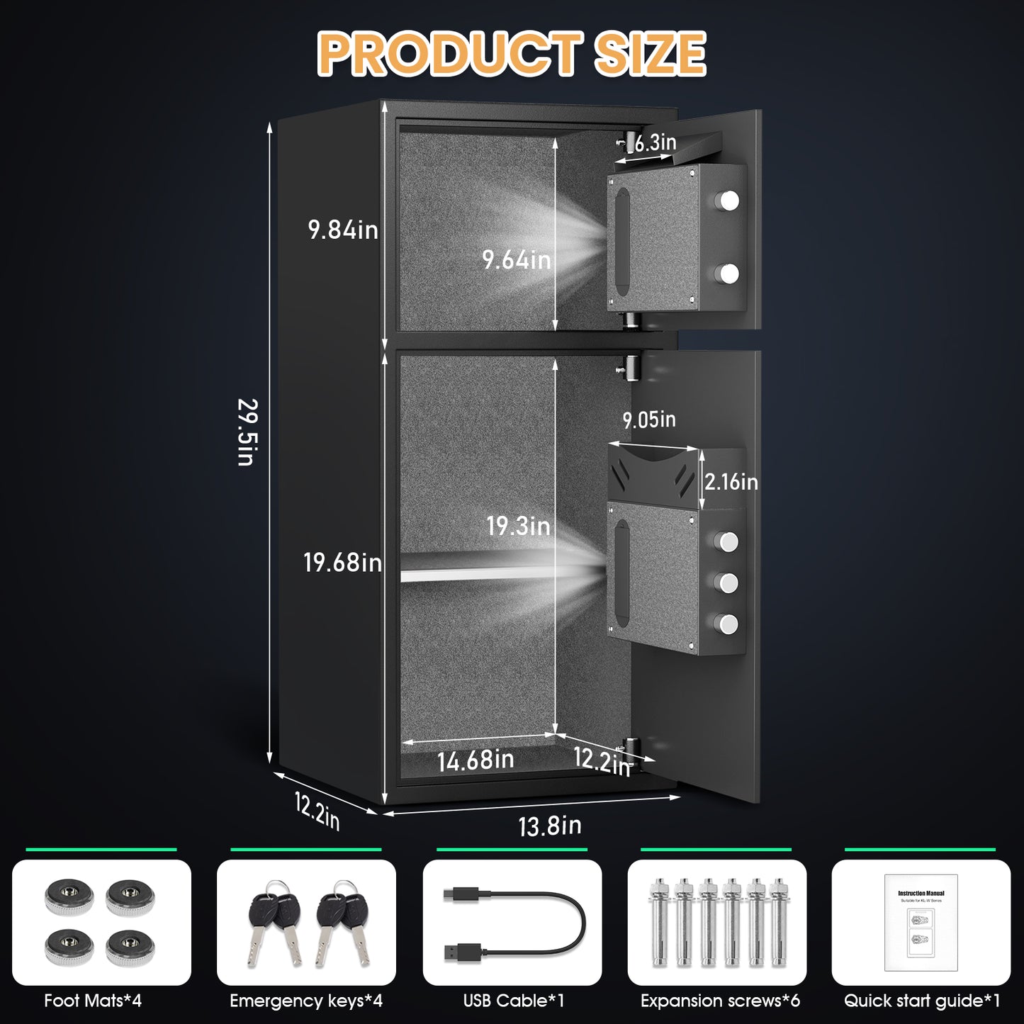 HK-KL-75W 6.5 Cu ft Large Safe Box Fireproof Waterproof,with LED Light fire proof safe for home documents,Fingerprint password personal Safe with Deposit Slot & Dual Alarm System，Security Box fo Valuables