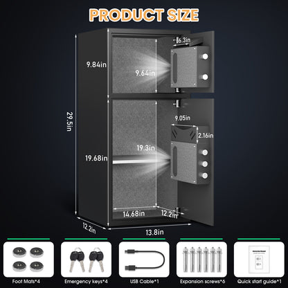 HK-KL-75W 6.5 Cu ft Large Safe Box Fireproof Waterproof,with LED Light fire proof safe for home documents,Fingerprint password personal Safe with Deposit Slot & Dual Alarm System，Security Box fo Valuables