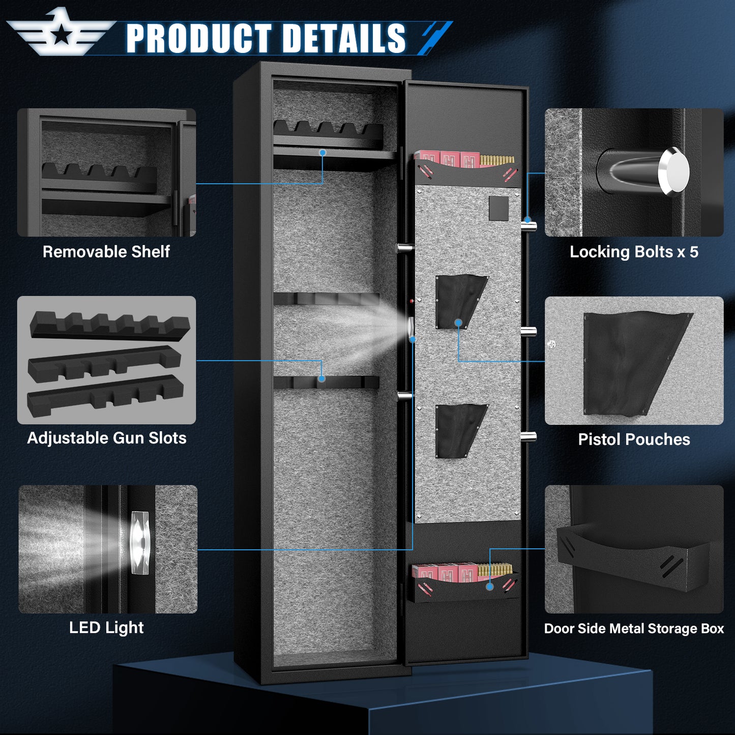 BM-GKM-145W 5-6 Large Gun Safe for Pistols, Quick Access Gun Safe with Silent Mode and Alarm System, Gun Cabinet with Removable Shelf and 3 Adjustable Gun Slots