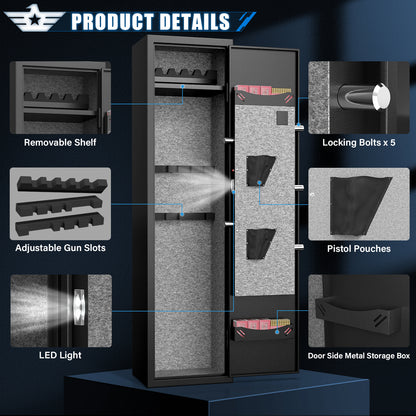 BM-GKM-145W 5-6 Large Gun Safe for Pistols, Quick Access Gun Safe with Silent Mode and Alarm System, Gun Cabinet with Removable Shelf and 3 Adjustable Gun Slots
