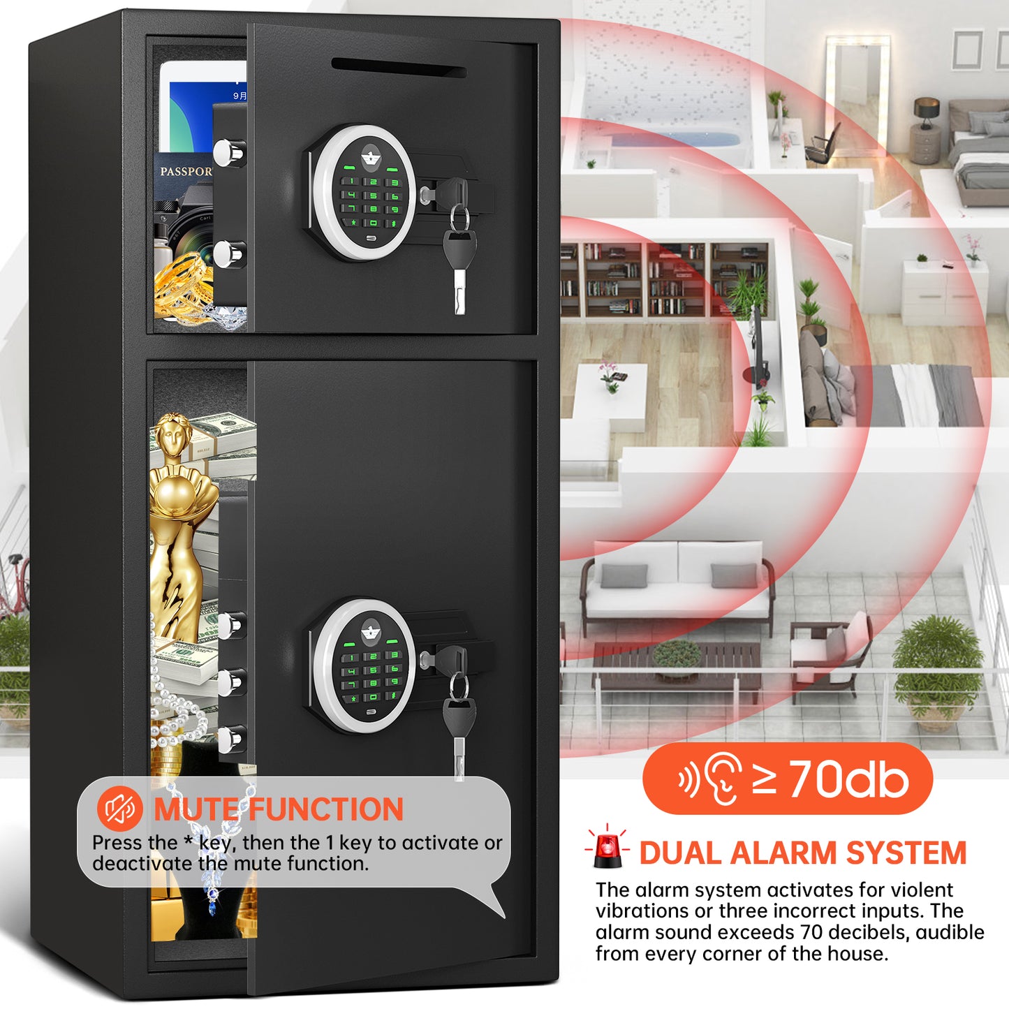 OME KM-75 6.5 Cub Home Safe Box Fireproof Waterproof, Money Safe with Deposit Slot and Backlit Keypad, Heavy Duty Home Safe with Dual Alarm Sytem, Fireproof Safe with 2 Doors for Home Valuables