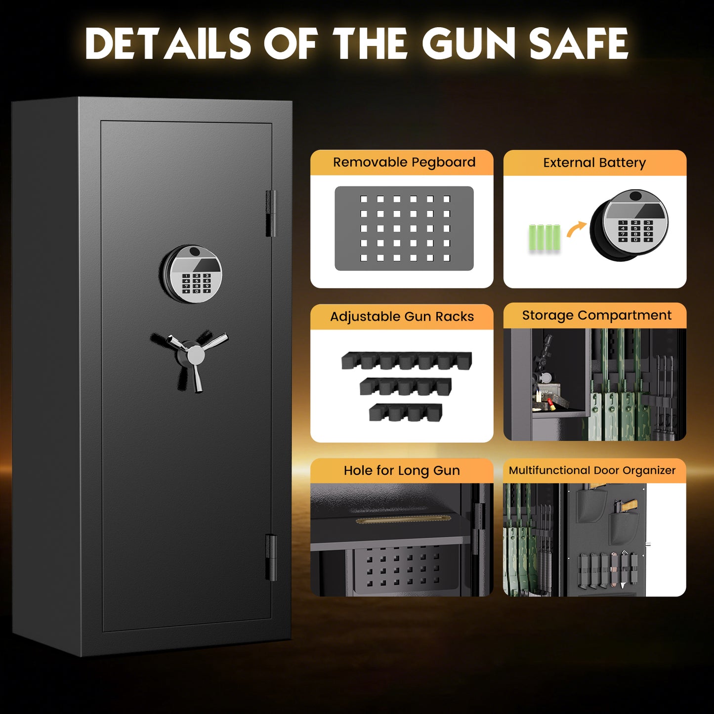 KAV-G6S-138HD 10-12 Large Gun Safe for Pistol,Storage Guns (with/Without Scopes), Home Gun Cabinet with Adjustable Pegboard, Gun Safe for Home,Office, Hunting,Shooting