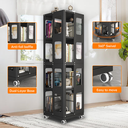 Silkight Book Shelf, 4 Tier All-Steel Rotating Bookshelf with 360° Wheels, Large Size Shelves Corner Book Shelf for Kids Rooms,Easy Assembly