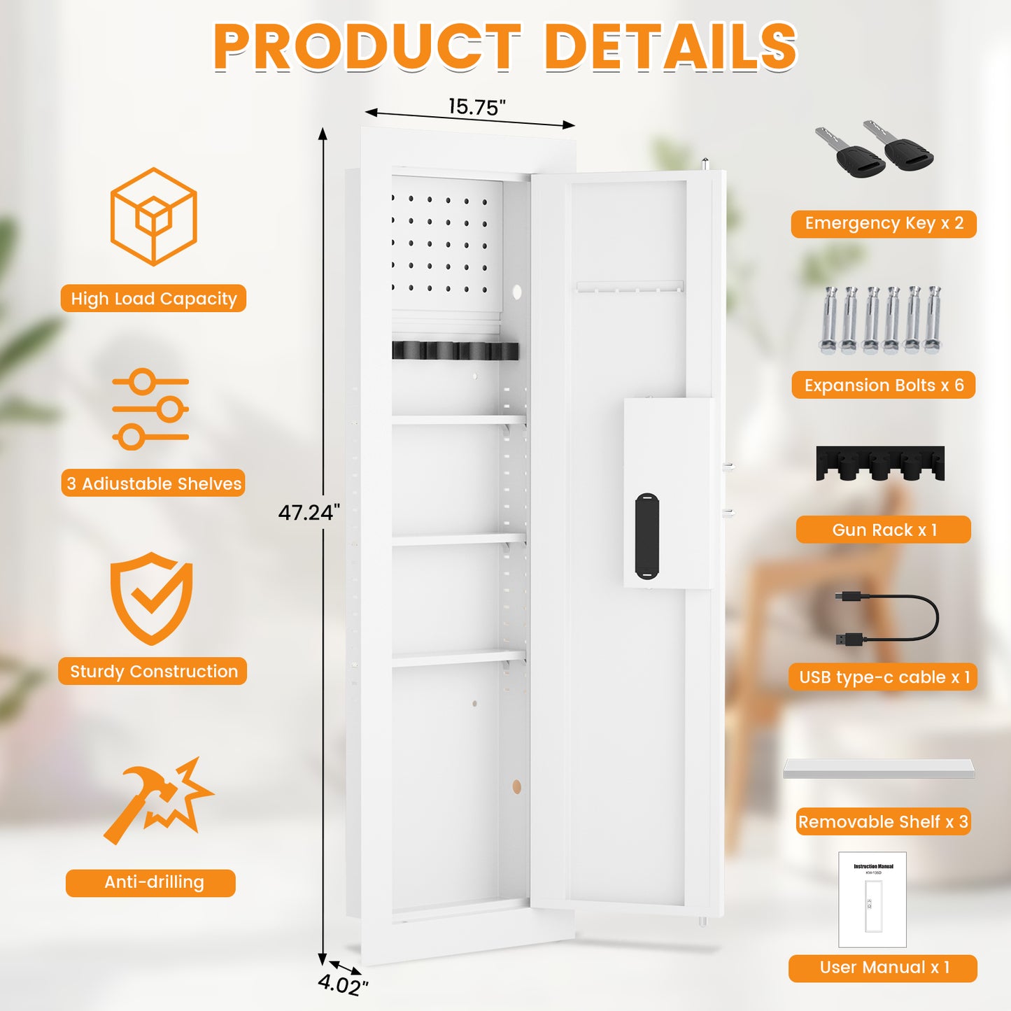 KAV-K2V-120BD Kavey 47.24" Wall Safe, Digital Wall Gun Safe Between the Studs with Dual Alarm ＆ Mute Mode, Hidden Wall Safe with Adjustable Shelve, Magnetic Support & Key Hook