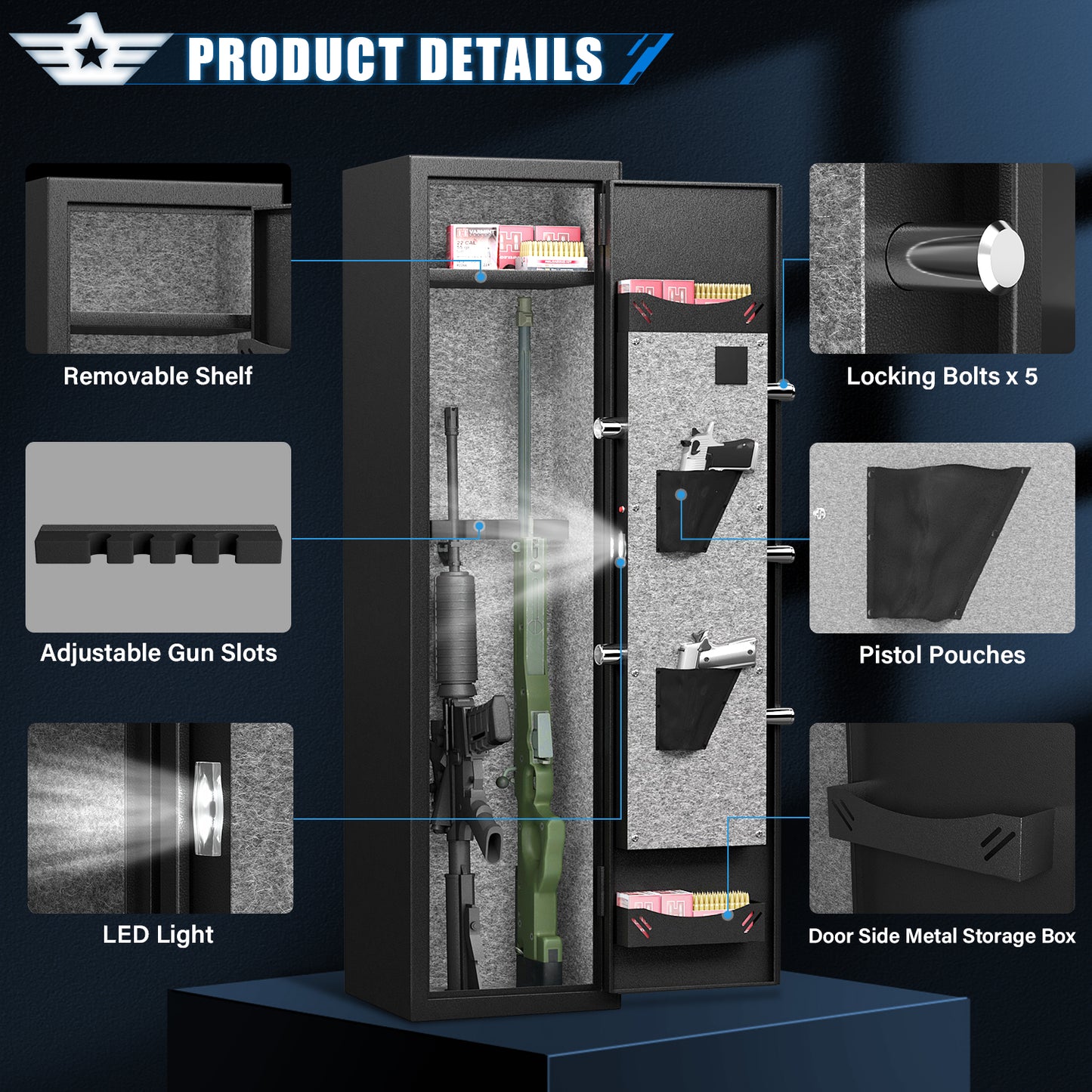 BM-GKM-132W-2-3 Gun Safe, Biometric Fingerprint Gun Safe for Pistols, Quick Access Gun Safe with Silent Mode and Alarm System, Gun Cabinet with Removable Shelf and 2 Adjustable Gun Slots