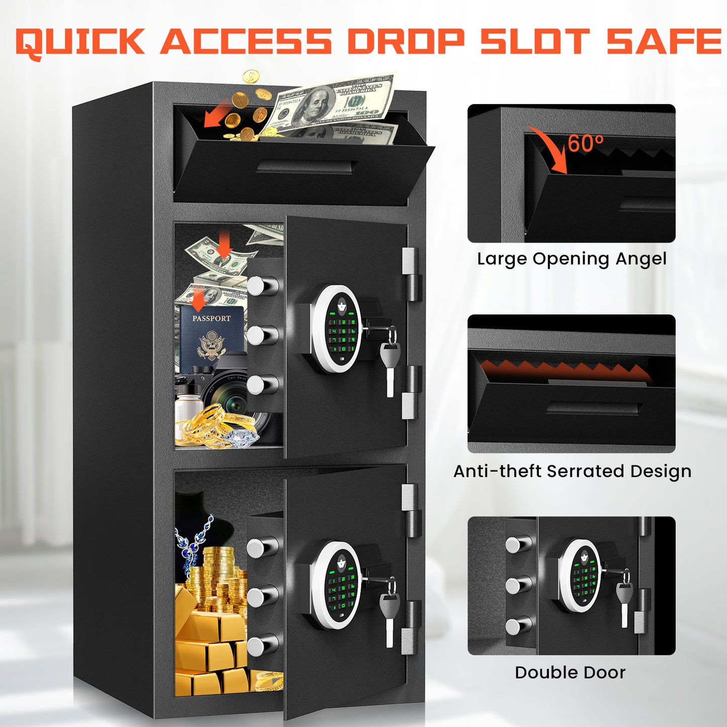 SDI-KMT-75D Silkight 6.5 Cu ft Large Home Safe Box with Drop Slot, Digital Drop Safe with Double Door & Key Hook, Security Money Safes with Backlit Keypad & Dual Alarm for House Office Business