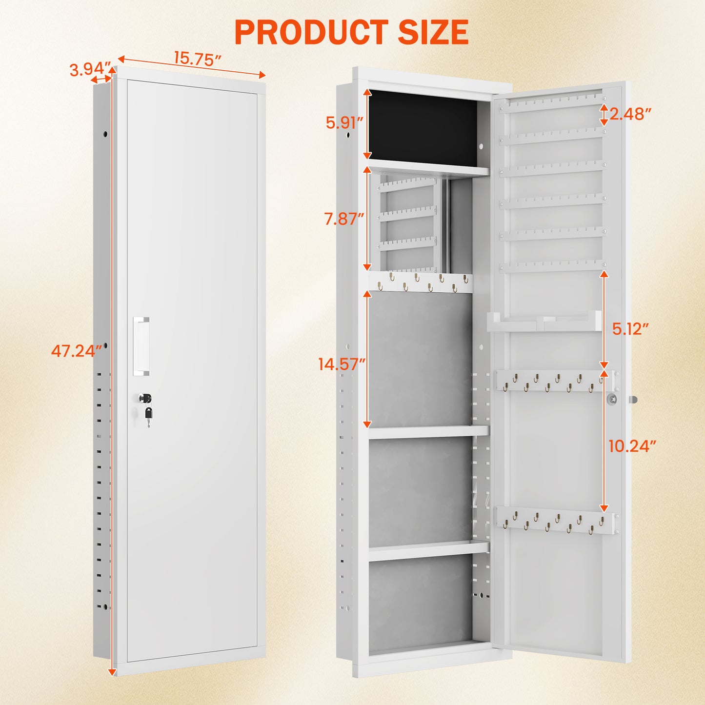 OME KW-120 Mirror Jewelry Cabinet, 47.24" Tall Wall Mounted Jewelry Cabinet with Mirror and Light, Large Jewelry Armoire Organizer, Jewelry Storage with Lock & Adjustable Shelves (White