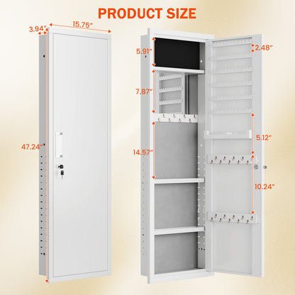 OME KW-120 Mirror Jewelry Cabinet, 47.24" Tall Wall Mounted Jewelry Cabinet with Mirror and Light, Large Jewelry Armoire Organizer, Jewelry Storage with Lock & Adjustable Shelves (White