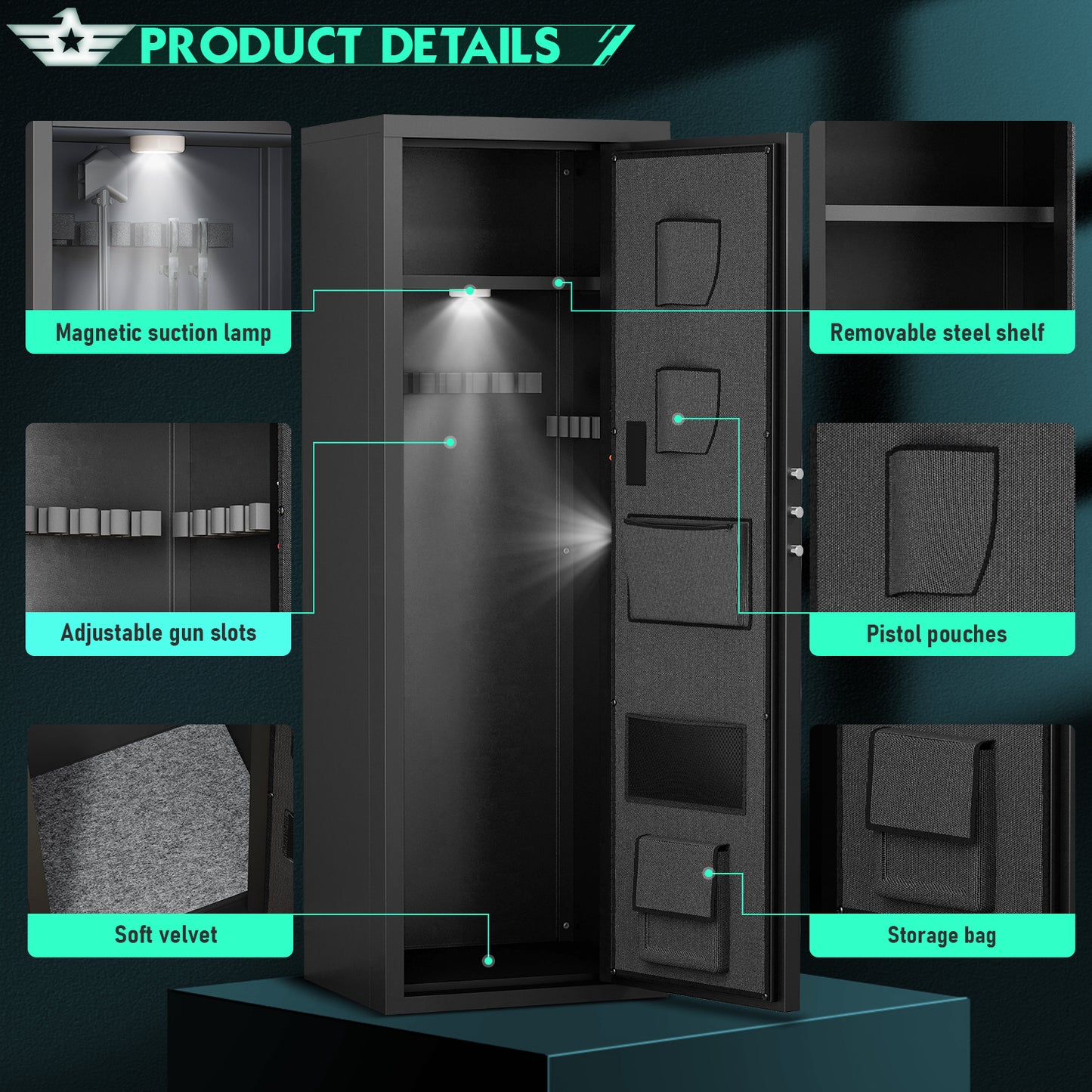 6-8 Biometric Gun Safe, Quick Access Unassembled Gun Cabinet with Silent Mode and Dual Alarm System, Gun Safe for Rifles and Pistols, Rifle Safe with Magnetic Gun Slots and Magnetic Induction Light