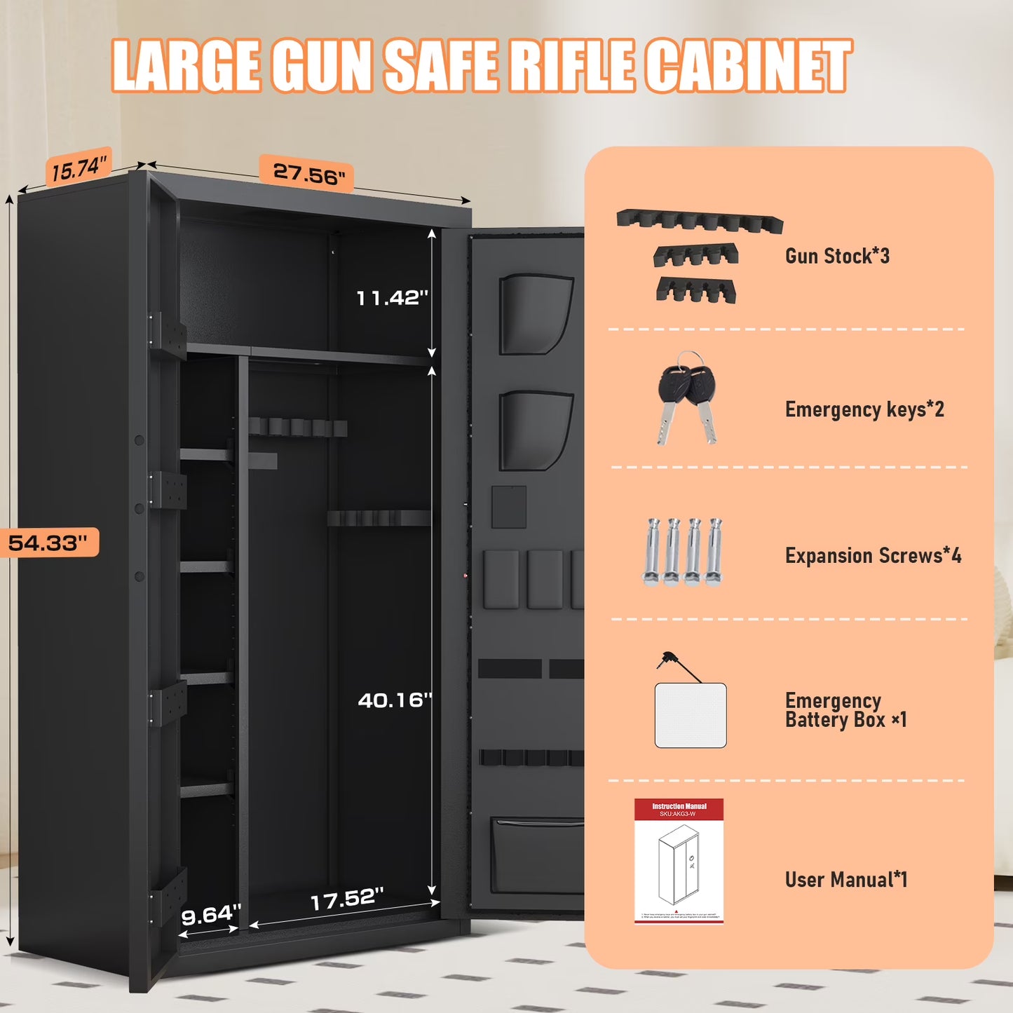 SDI-AKG3-138W, 20-25 Large Heavy-Duty Gun Safe, Biometric Gun Safe with Fingerprint, Unassembled Long Gun Cabinet with Adjustable Shelf & Gun Rack, LCD Keypad, Mute Function & Dual Alarm