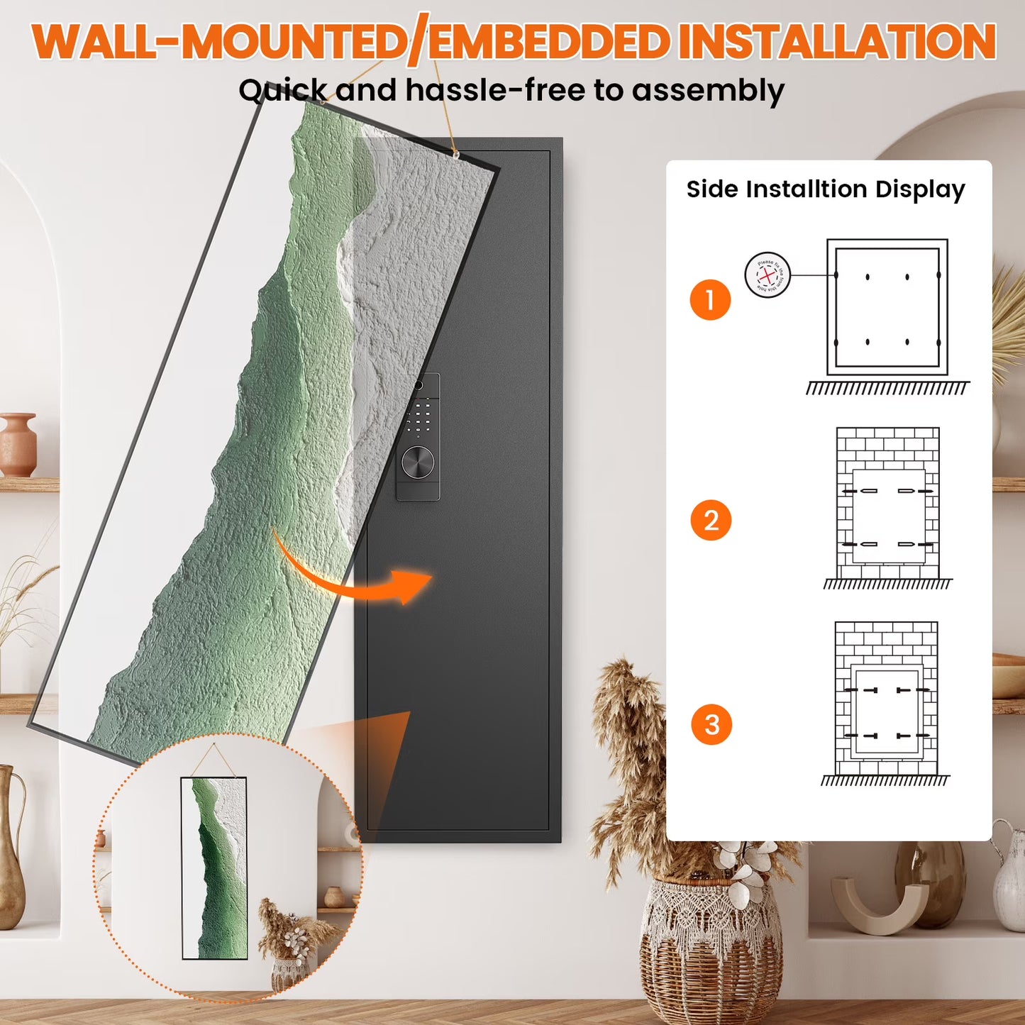 SDI-KW-135HW, 53.15" Wall Safe Between The Studs, Biometric Fingerprint Hidden Safe With Dual Alarm System And Silent Mode, Wall Gun Safe With 3 Adjustable Shelves And Magnetic Slot(fingerprint)