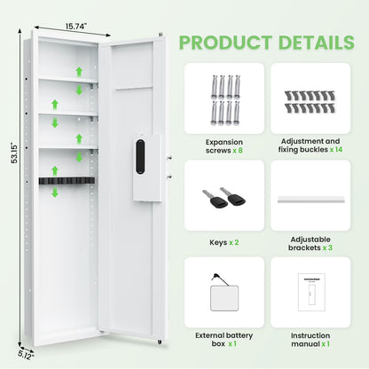 SDI-KW-135BW, Silkight 53.15" Wall Safe - Biometric Hidden Safe with Dual Alarm System, 3 Adjustable Shelves - White