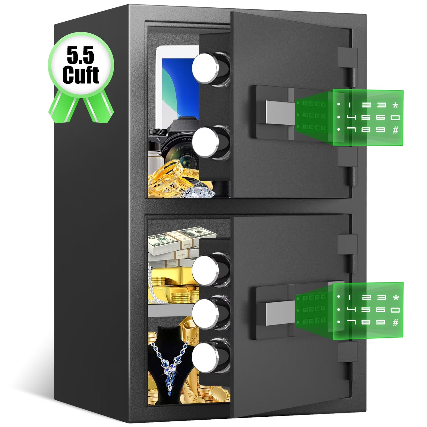 OME-YK03-55D 5.5 Cuft Digital Safe Box, Home Safe with Hidden keyhole , Large Safe with Adjustable Shelves, Key Hook & File Holder, Money Safe with Backlit Keypad & Dual Alarm for Home Office
