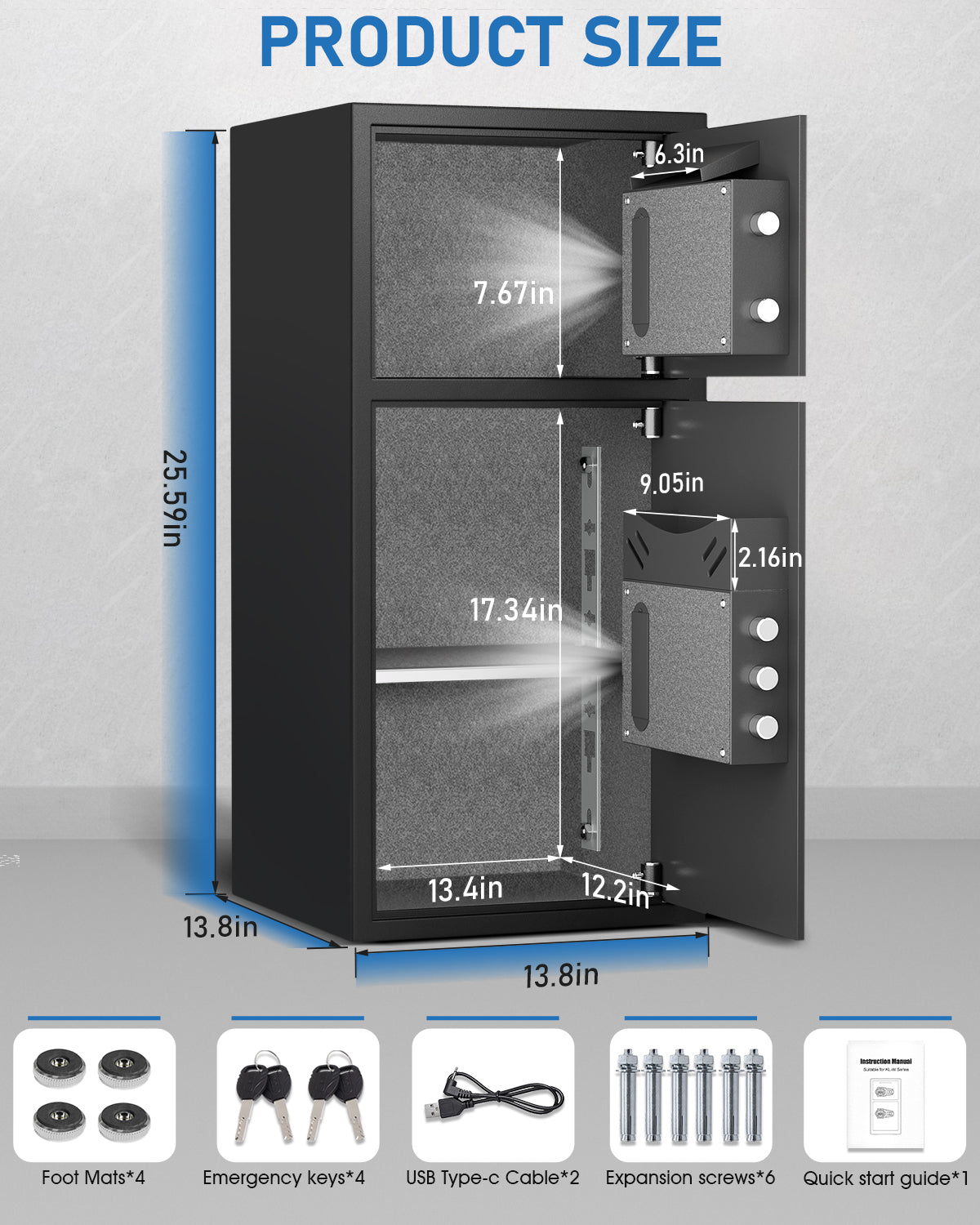 HK-KL-65D Large Double Door Safe Box Fireproof Waterproof, 6.0 Cu ft Security Safe with LED Light and Dual Alarm System, Home Safes Digital Keypad and Mute Function, Security Lock Box for Money and Valuables