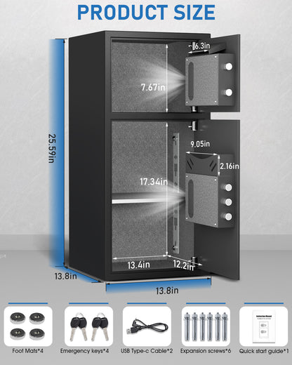 HK-KL-65D Large Double Door Safe Box Fireproof Waterproof, 6.0 Cu ft Security Safe with LED Light and Dual Alarm System, Home Safes Digital Keypad and Mute Function, Security Lock Box for Money and Valuables