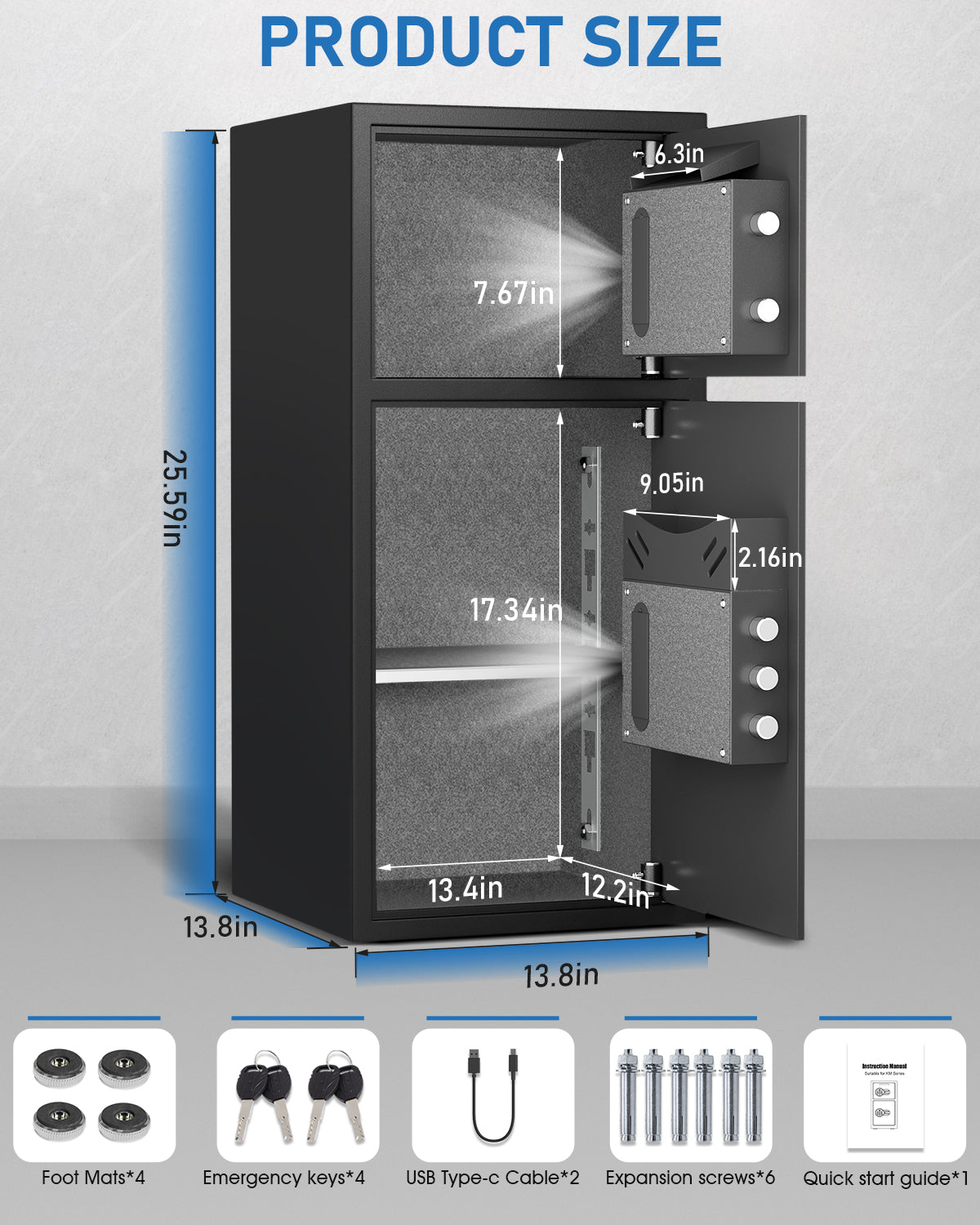 HK-KL-65W 6.0 Cu.ft. Large Safe Box with LED Light, Fingerprint Password Personal Safes with Deposit Slot & Dual Alarm System, Security Box for Valuables
