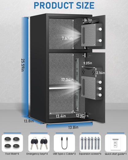 HK-KL-65W 6.0 Cu.ft. Large Safe Box with LED Light, Fingerprint Password Personal Safes with Deposit Slot & Dual Alarm System, Security Box for Valuables