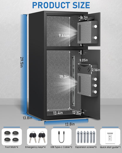 OME KL-75W 6.5 Cub Large Home safe Fireproof Waterproof, Biometric Safe Box with Slot & Metal Deposit Storage Box, Money Box with Dual Alarm System & Mute Mode for Valuables