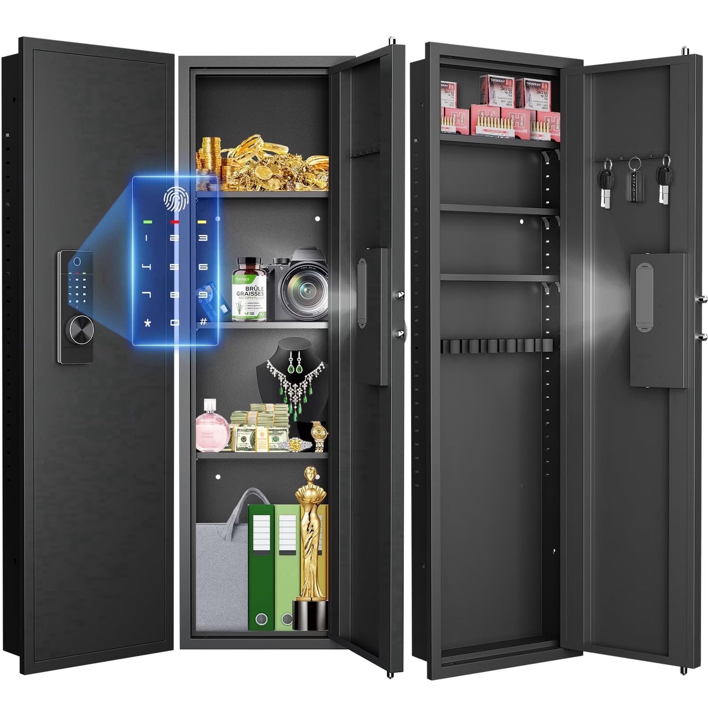SDI-KW-135HW, 53.15" Wall Safe Between The Studs, Biometric Fingerprint Hidden Safe With Dual Alarm System And Silent Mode, Wall Gun Safe With 3 Adjustable Shelves And Magnetic Slot(fingerprint)