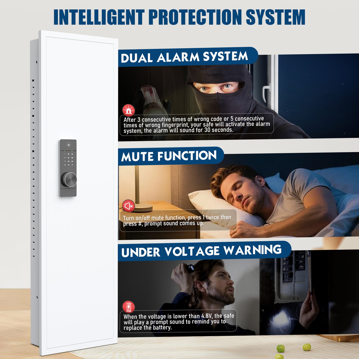 SDI-KW-135BW, Silkight 53.15" Wall Safe - Biometric Hidden Safe with Dual Alarm System, 3 Adjustable Shelves - White