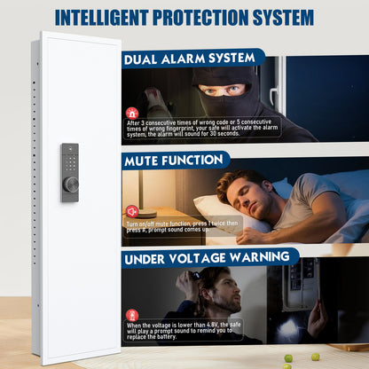 SDI-KW-135BW, Silkight 53.15" Wall Safe - Biometric Hidden Safe with Dual Alarm System, 3 Adjustable Shelves - White