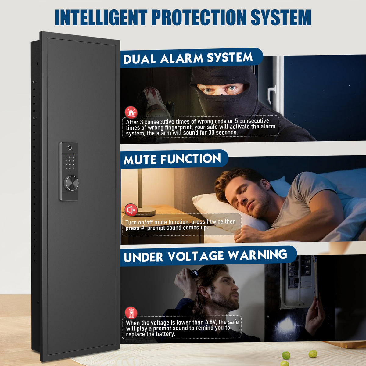 SDI-KW-135HW, 53.15" Wall Safe Between The Studs, Biometric Fingerprint Hidden Safe With Dual Alarm System And Silent Mode, Wall Gun Safe With 3 Adjustable Shelves And Magnetic Slot(fingerprint)