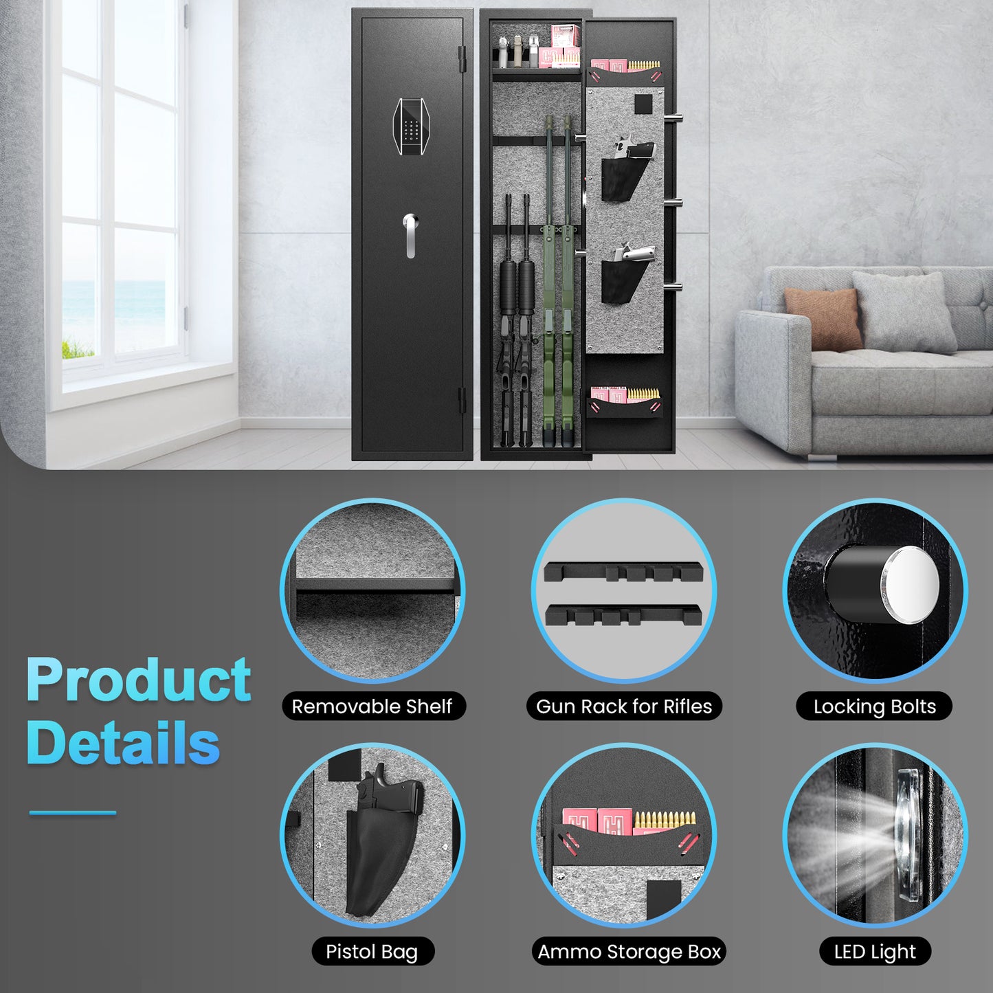 BM-G9-138D Fireproof Gun Safe, 5-8 Gun Safe for Home Pistols, 57" Heavy Duty Large Gun Safe for and Shotgun with LCD Keypad, 2 Removable Shelves