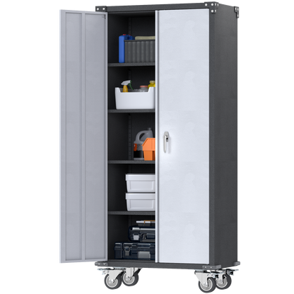 Metal Garage Storage Cabinet on Wheels, Double Handle Lock Steel Storage Cabinet with 2 Doors, 4 Shelves Adjustable Black, Assembly Required