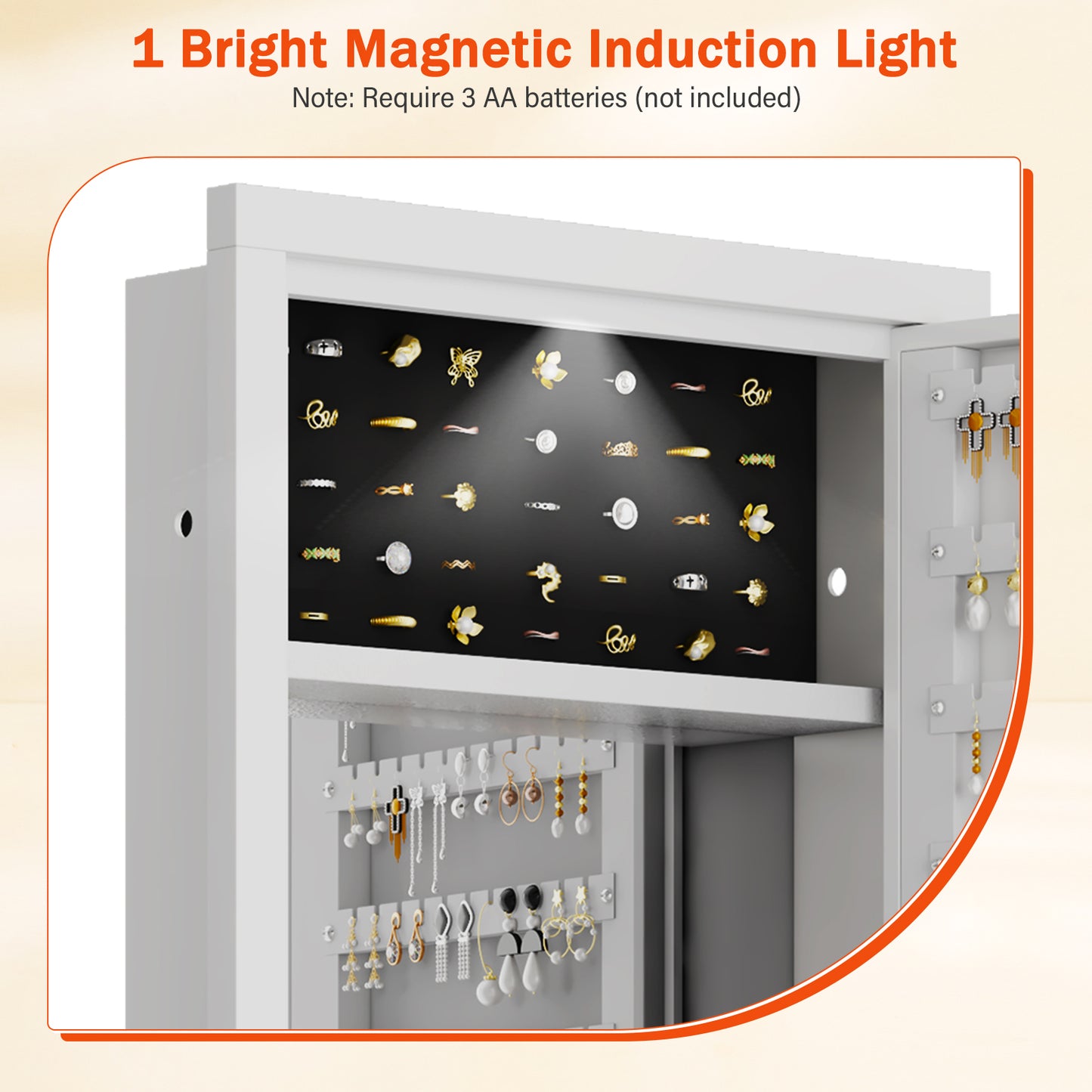 OME KW-120 Mirror Jewelry Cabinet, 47.24" Tall Wall Mounted Jewelry Cabinet with Mirror and Light, Large Jewelry Armoire Organizer, Jewelry Storage with Lock & Adjustable Shelves (White