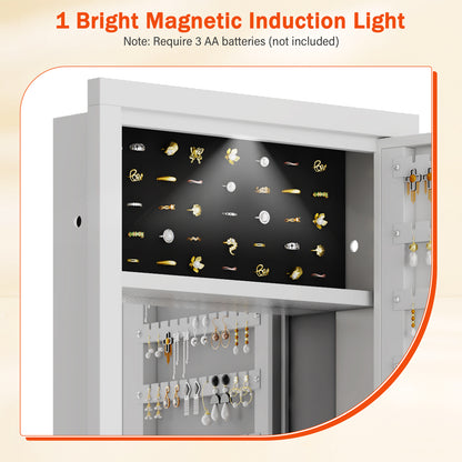 OME KW-120 Mirror Jewelry Cabinet, 47.24" Tall Wall Mounted Jewelry Cabinet with Mirror and Light, Large Jewelry Armoire Organizer, Jewelry Storage with Lock & Adjustable Shelves (White