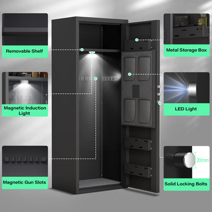 Gun Safe with Removable Shelf and 3 Magnetic Gun Slots, 10-12 Unassembled Large Gun Safe for Rifles and Pistols, Gun Cabinet with Magnetic Induction Light and Storage Bag