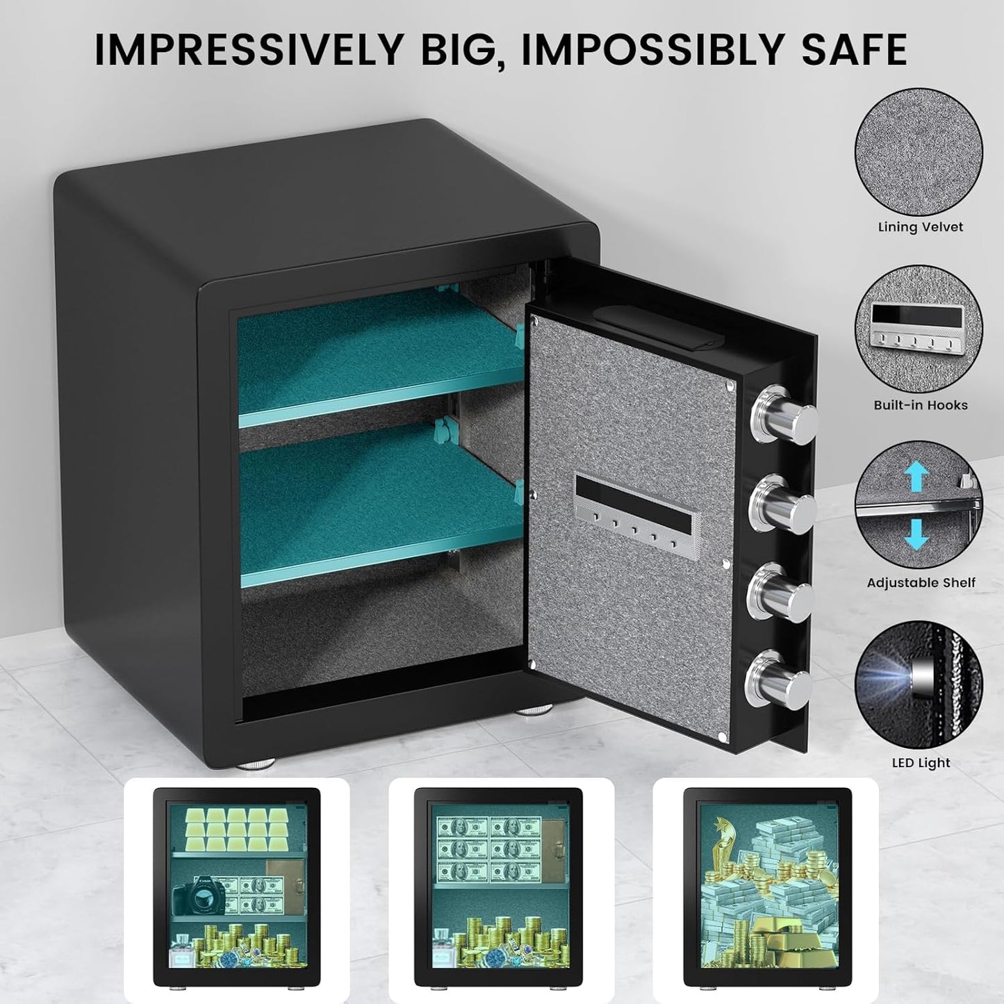 KAV KV-45 2.0 Cub Safe Box, Digital Home Safe with Two Removable & Adjustable Shelf, Safe for Home with Mute Mode & Dual Alarm, Money Safe Box with 4 Solid Living Bolts and Velvet Interior